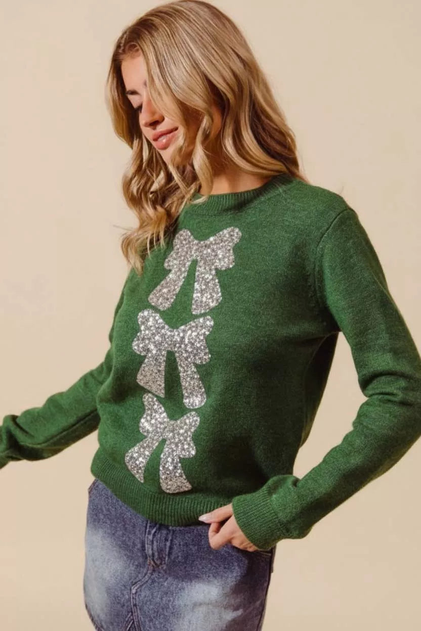 Sequins Bow Ribbon Embellished Christmas Sweater