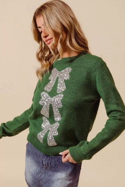 Sequins Bow Ribbon Embellished Christmas Sweater