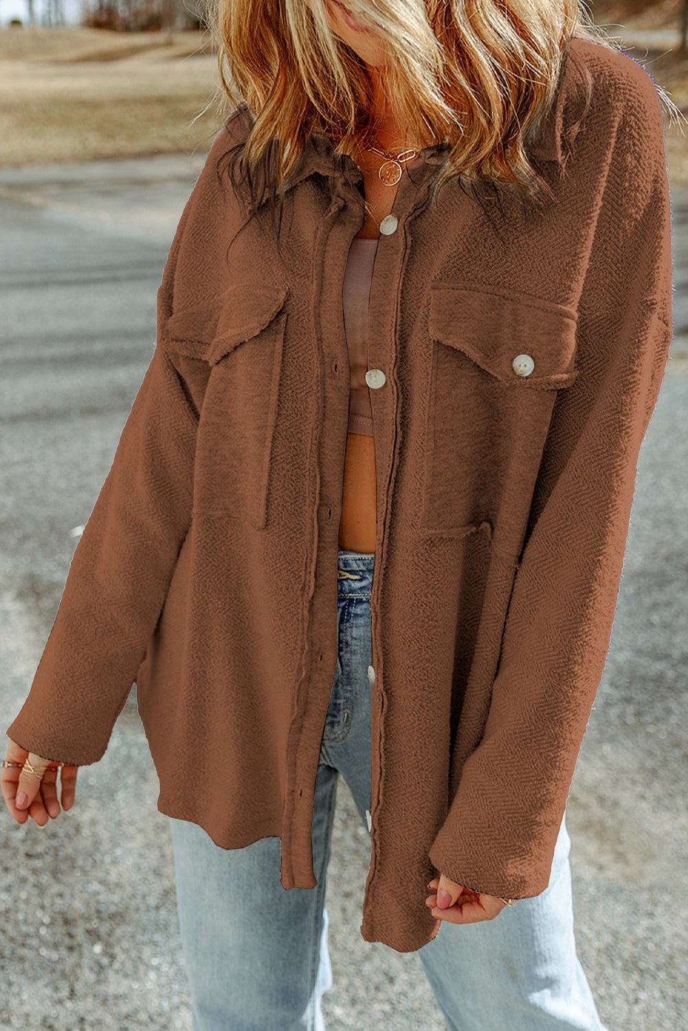 Brown Contrast Flap Pockets Relaxed Shacket - Loving It Shop