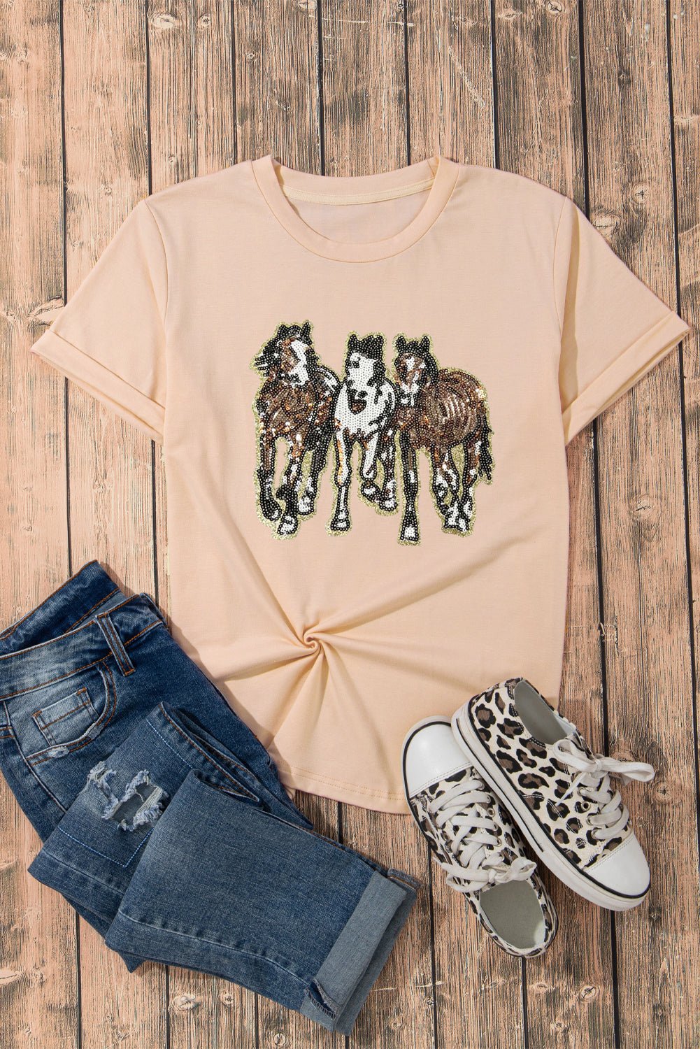 Khaki Sequin Horses Patched Casual Crewneck T Shirt - Loving It Shop