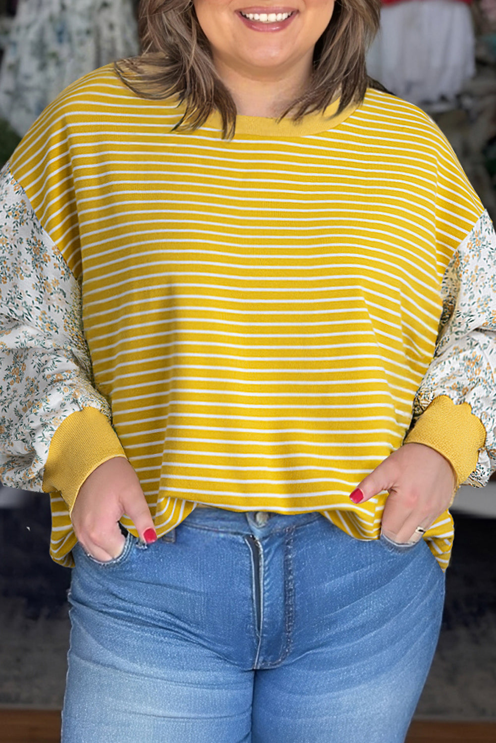 Yellow Stripe Striped Contrast Floral Sleeve Patchwork Plus Size Loose Top