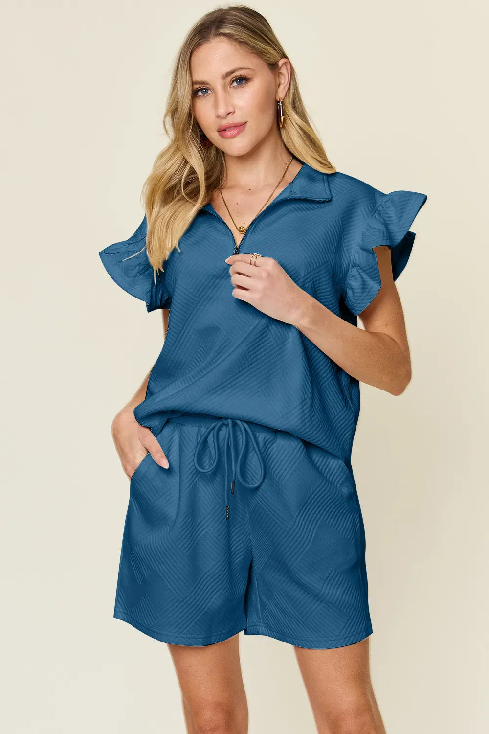 I am a Fashion Junky Full Size Texture Flounce Sleeve Top and Drawstring Shorts Set