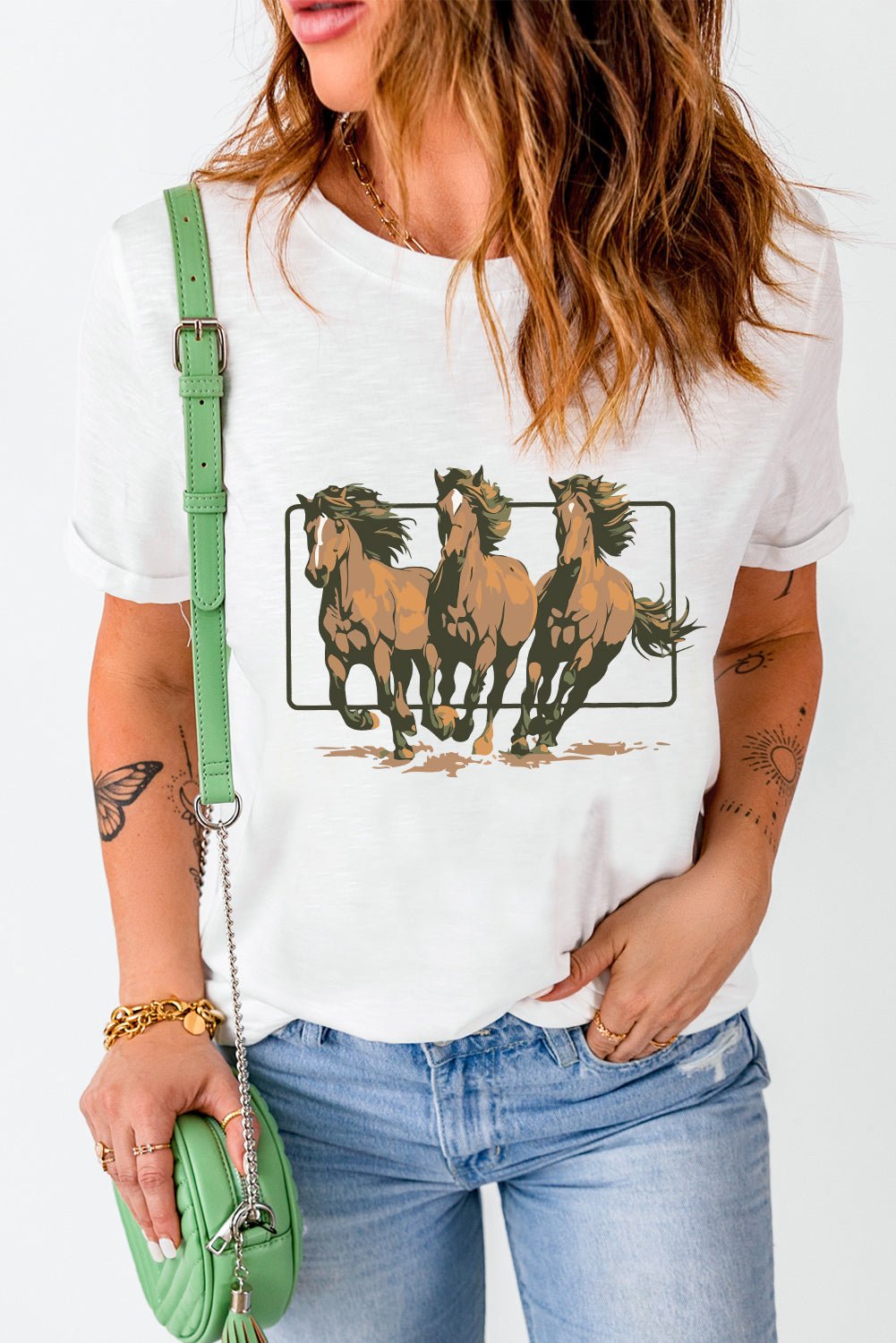 White Texas Horse Graphic Cuffed Sleeve Graphic T Shirt - Loving It Shop