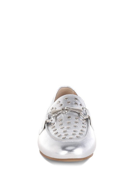 Estafa Horsebit & Studs Metallic Pleather Loafers - Loving It Shop