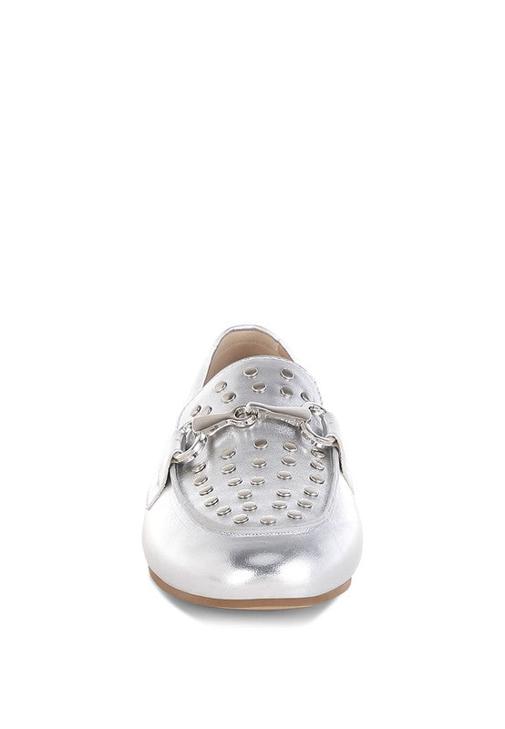Estafa Horsebit & Studs Metallic Pleather Loafers