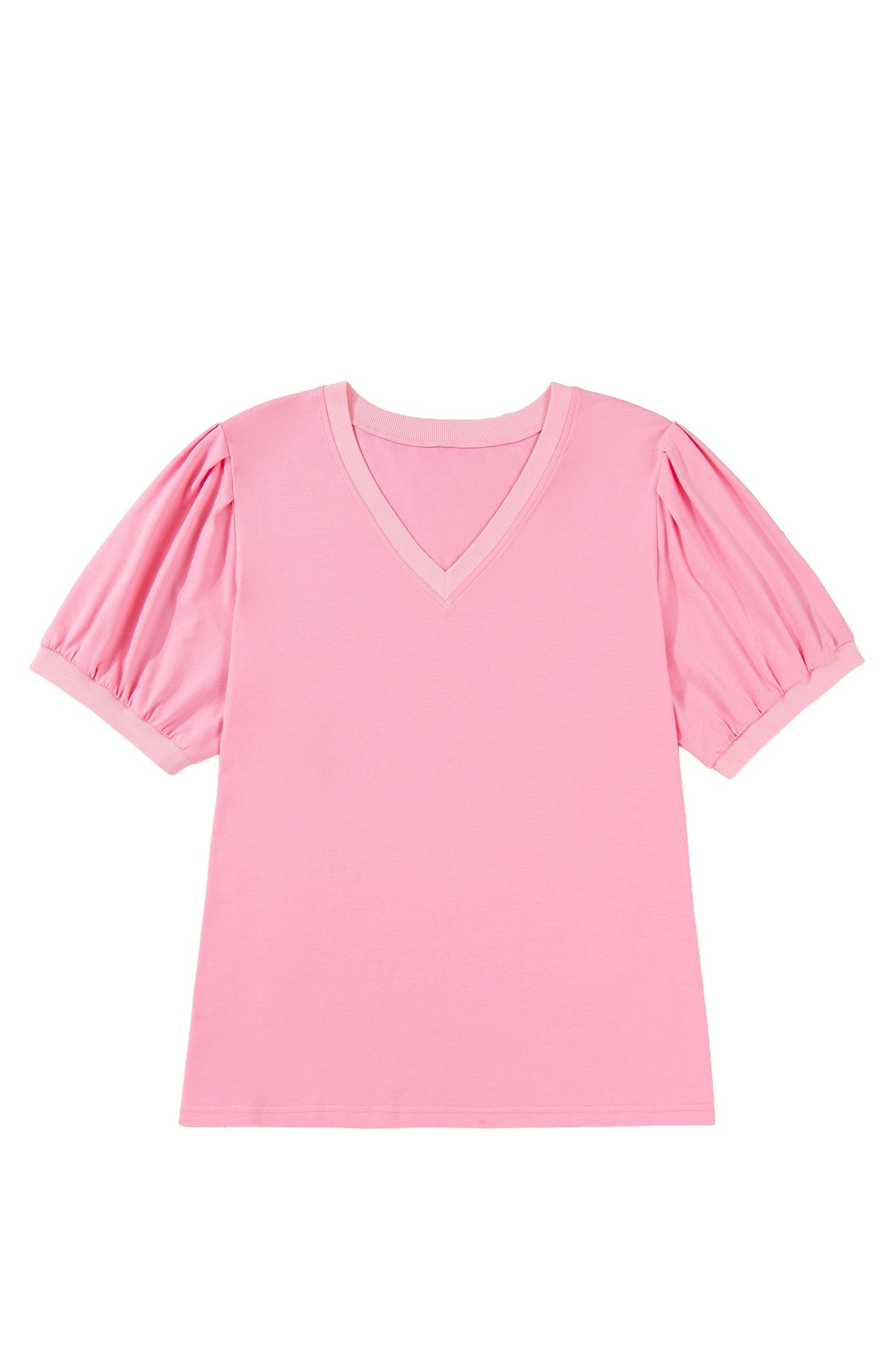 Bonbon V Neck Pleated Short Puff Sleeve Plus Size Blouse