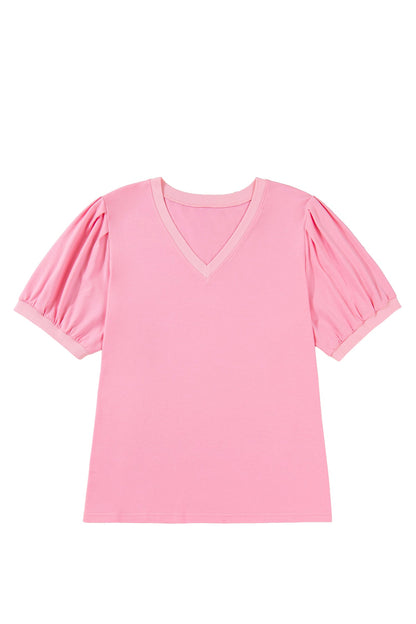 Bonbon V Neck Pleated Short Puff Sleeve Plus Size Blouse