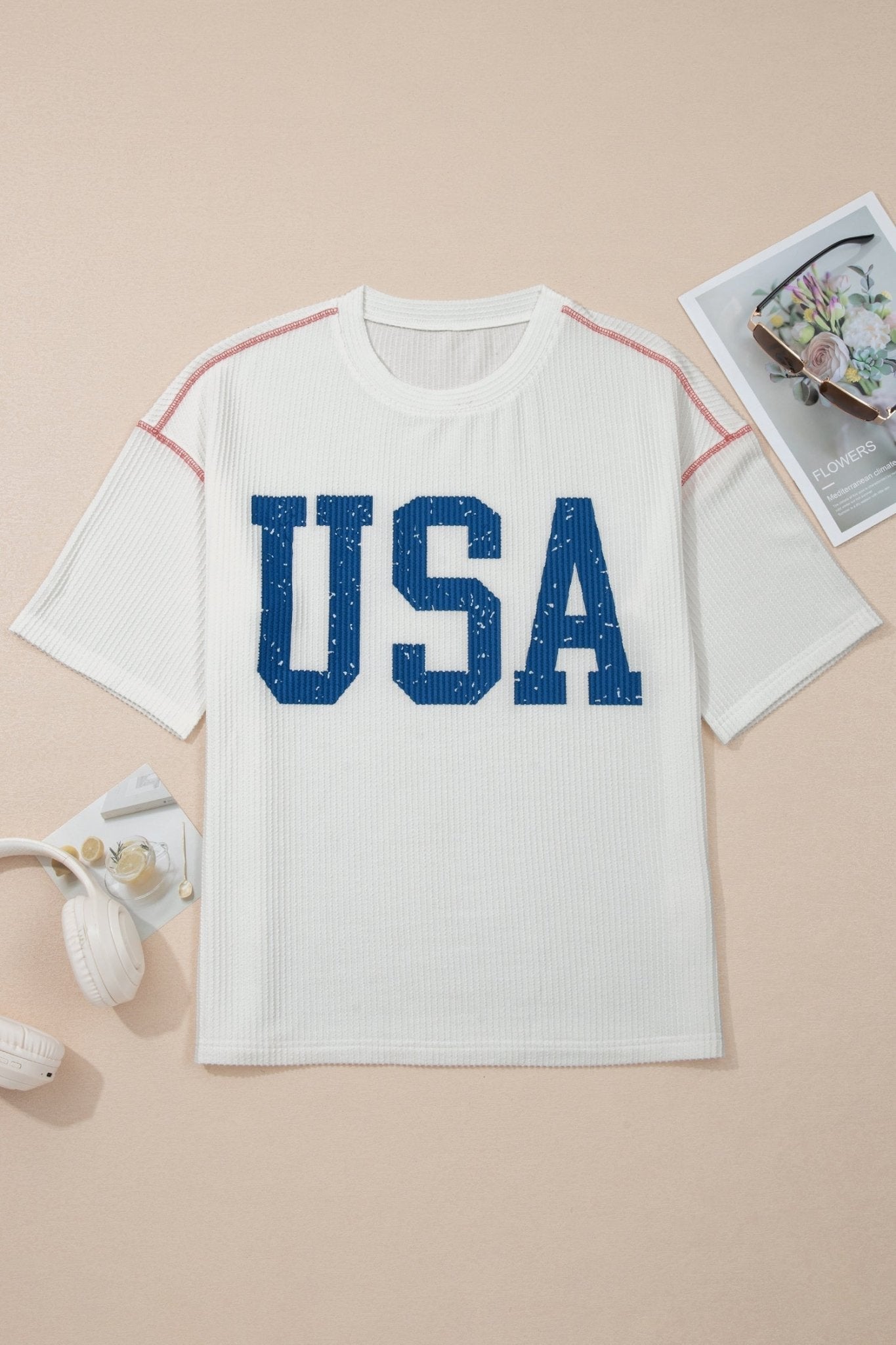 White USA Graphic Half Sleeve Loose Ribbed Top - Loving It Shop