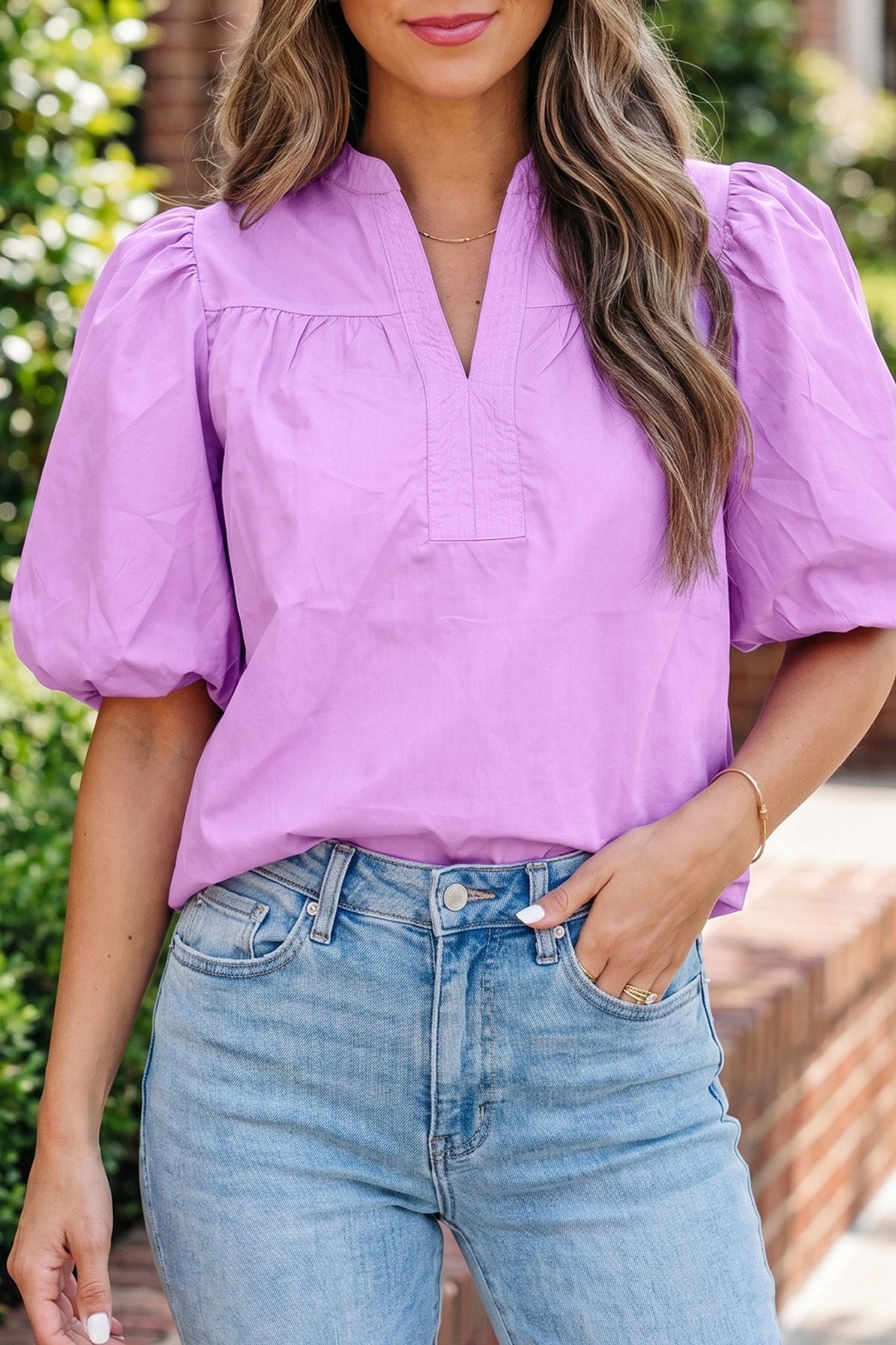 Phalaenopsis Stitched Detail V Neck Puffy Half Sleeve Blouse - Loving It Shop