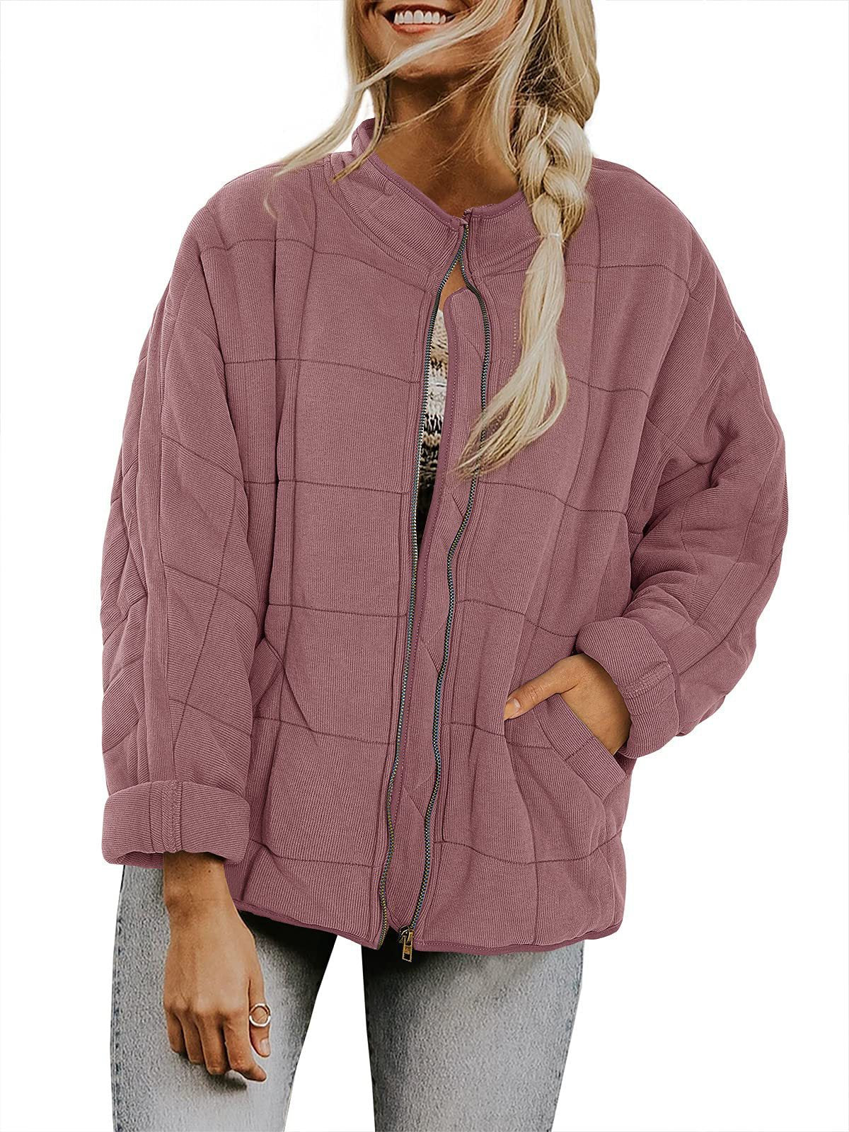 Winter Zip-up Stand Collar Coat With Pockets Fashion Solid Color Plaid Long Sleeved Jacket Women&