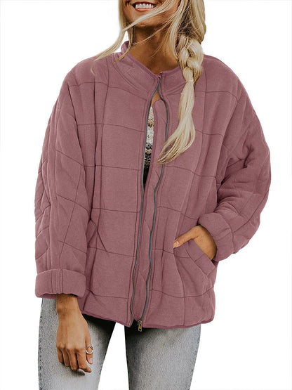 Winter Zip-up Stand Collar Coat With Pockets Fashion Solid Color Plaid Long Sleeved Jacket Women&