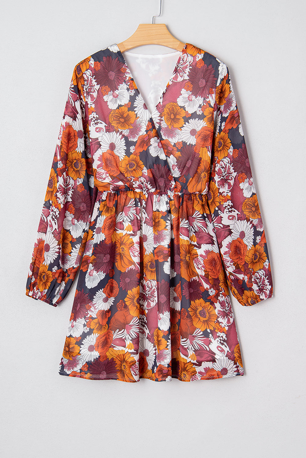 Red Floral Print Wrap V Neck Puff Sleeve Flowy Mini Dress