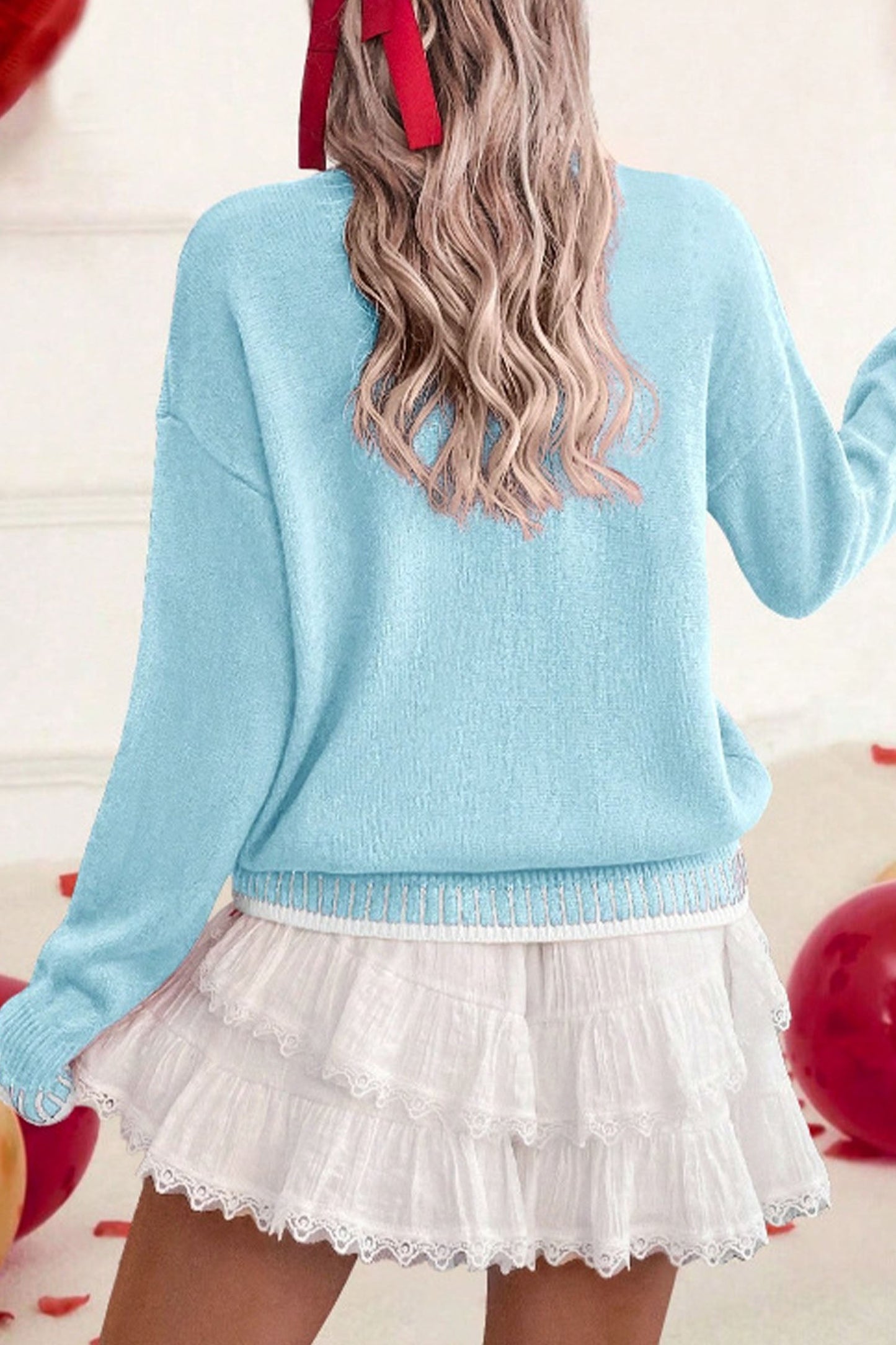 Light Blue Valentine Love Chenille Letter Graphic Sweater - Loving It Shop