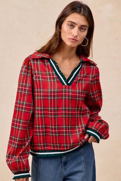 Christmas Plaid Collared Top with Ruffled Detail