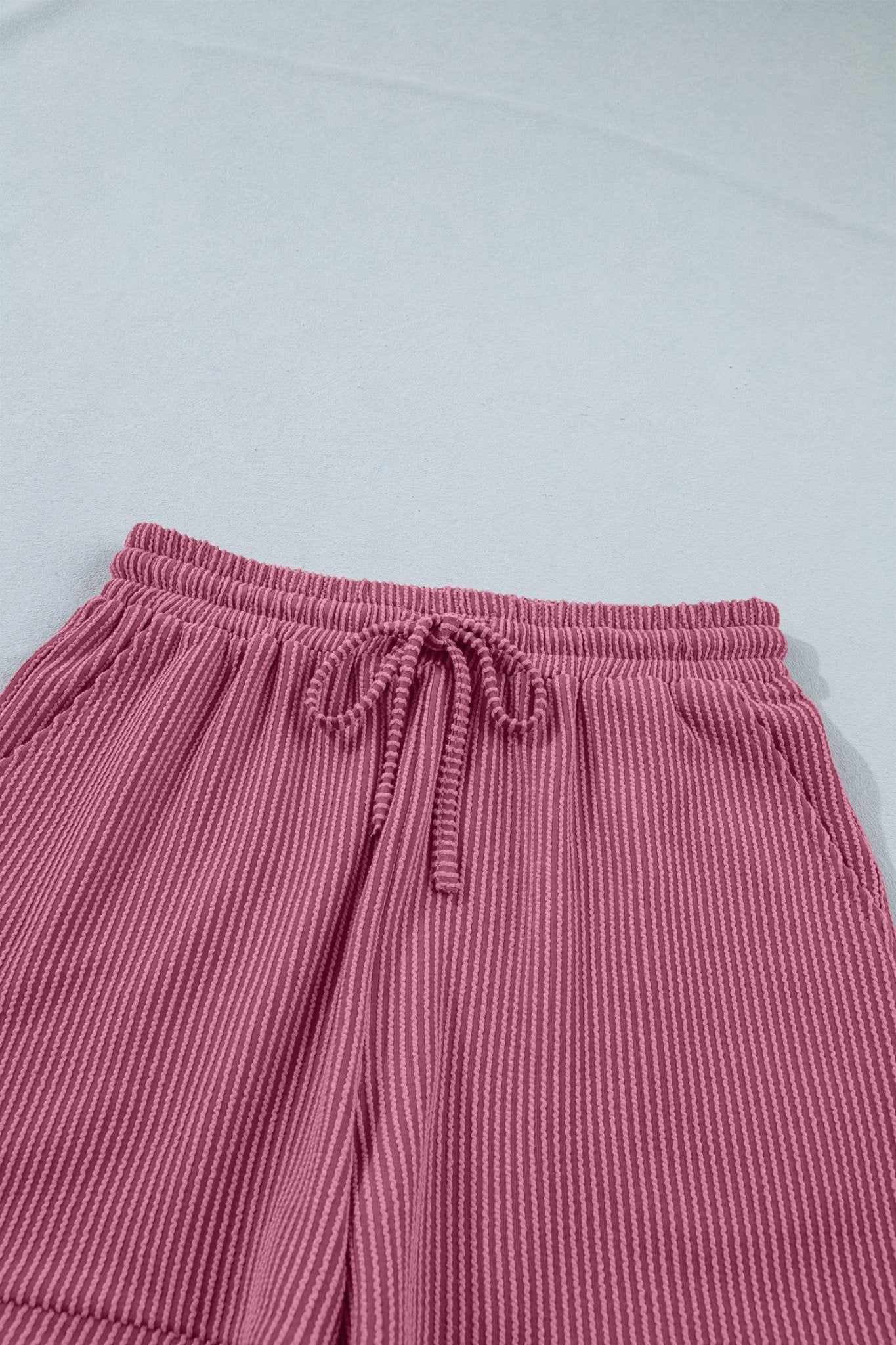 Pitaya Pink Twisted Ribbed Loose Tee Drawstring Elastic Waist 2pcs Short Set - Loving It Shop