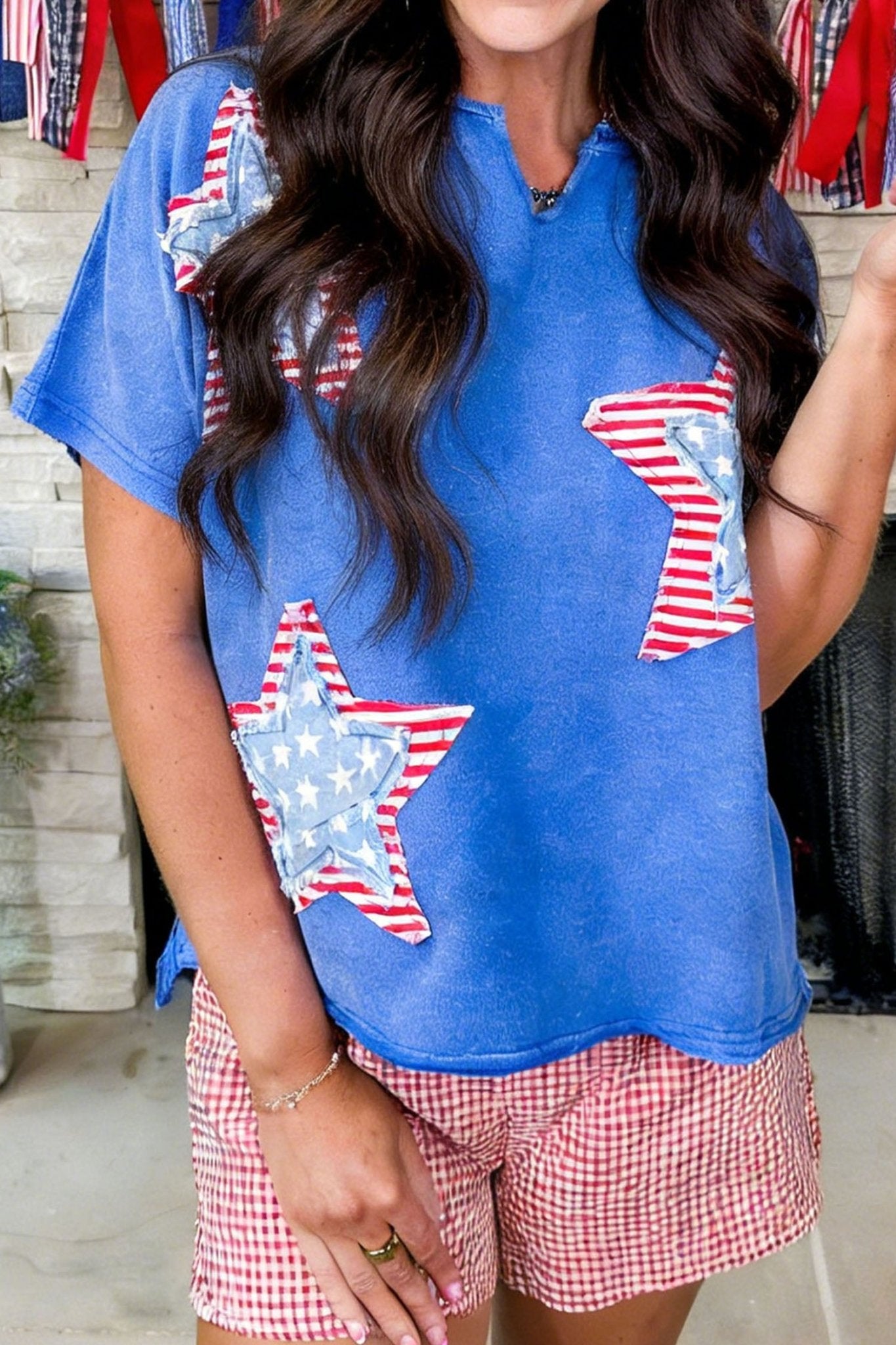 Sky Blue Patriot Star Patched Notched Neck Mineral Washed Tee - Loving It Shop