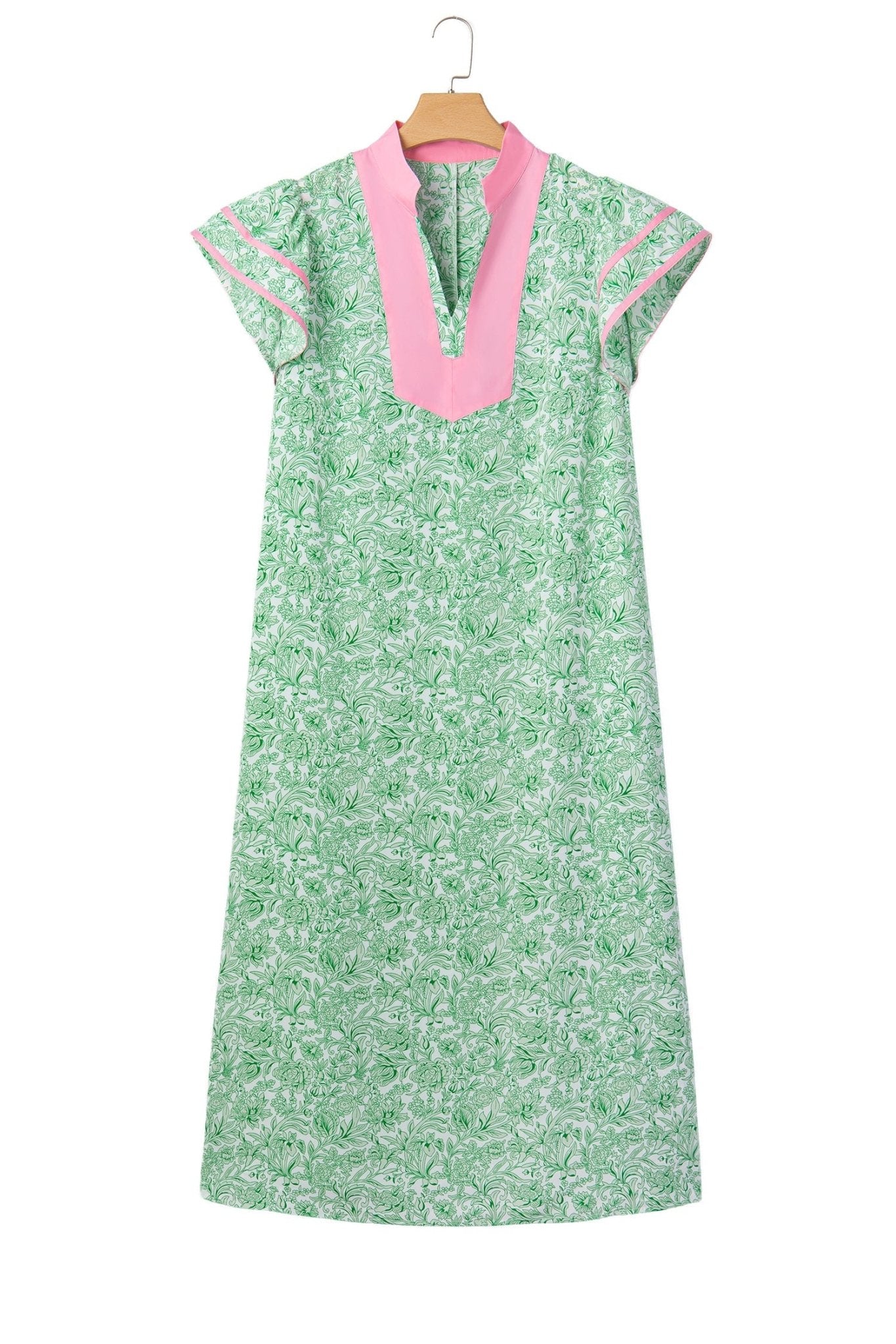 Green Plus Size Contrast Trim Flutter Sleeve Floral Kaftan Maxi Dress - Loving It Shop