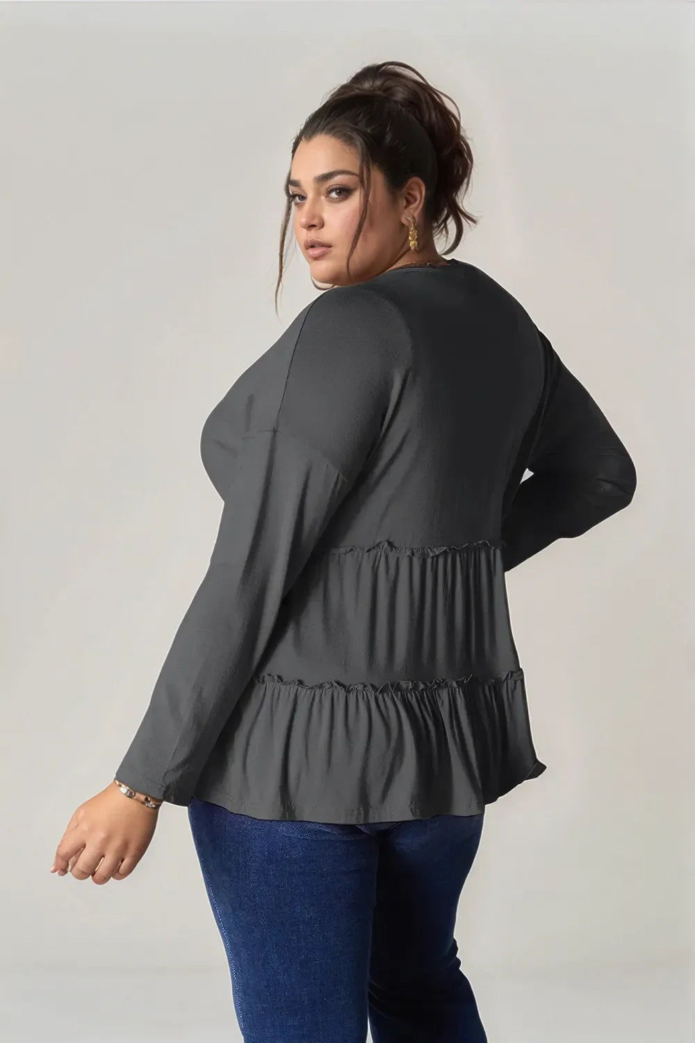 I am a Fashion Junky Take Half Button Long Sleeve Ruffle Hem Blouse