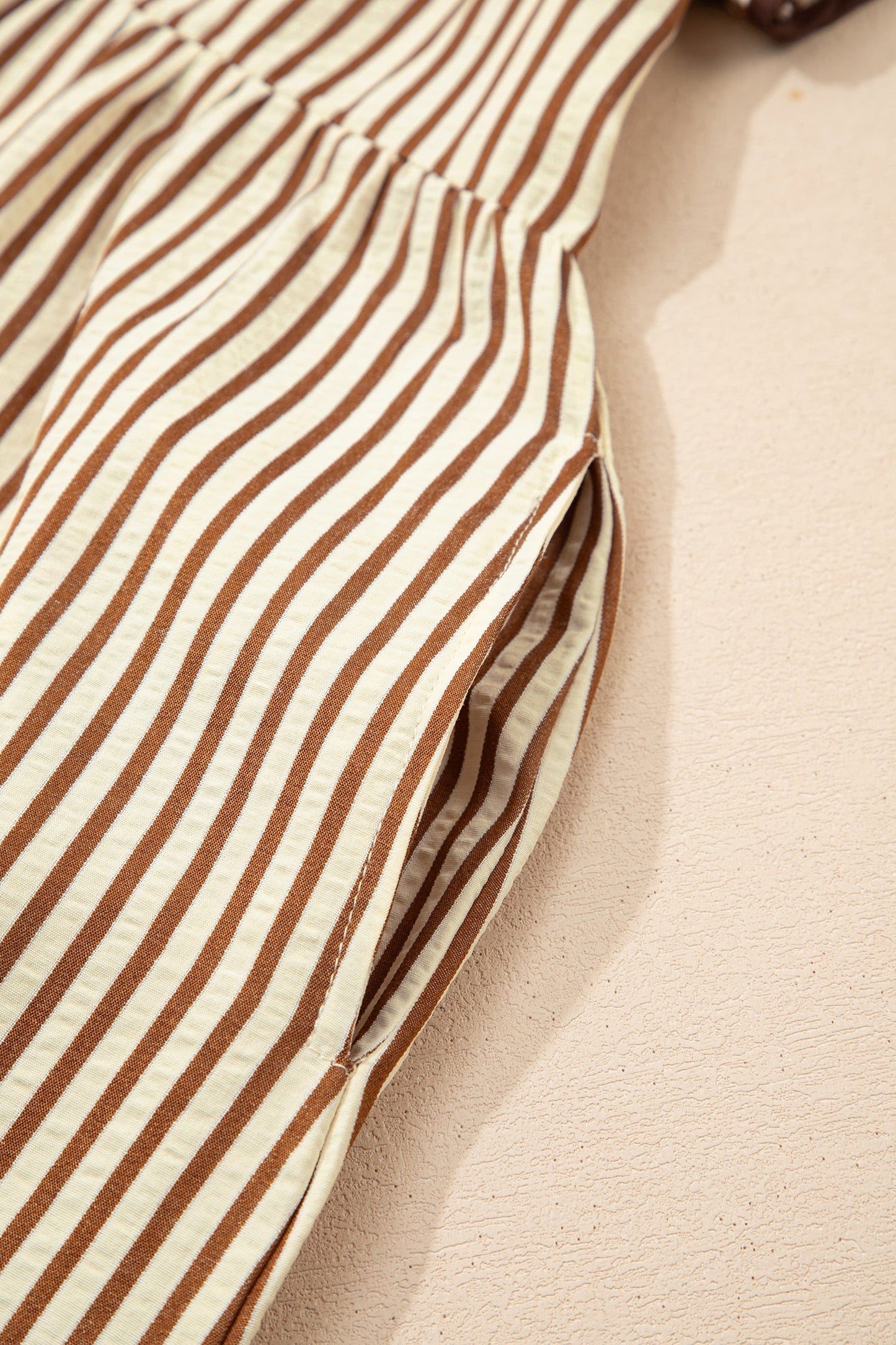 Brown Stripe Double Ruffled Short Sleeve Contrast Trim V Neck Midi Dress