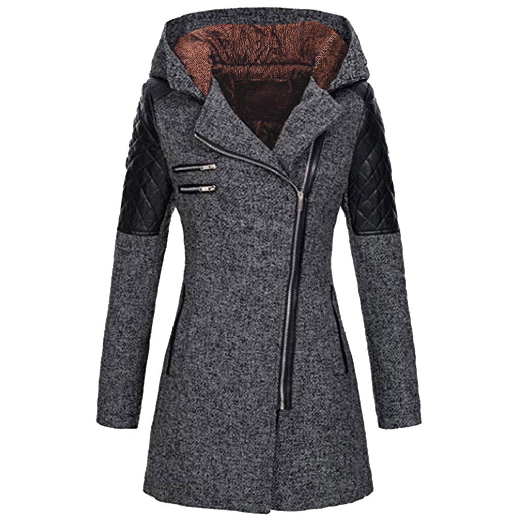 Women Warm Slim Full Zipper Coat Thick Woolen Coat Female Fall Winter Windbreaker Hooded Diagonal Zipper Women&
