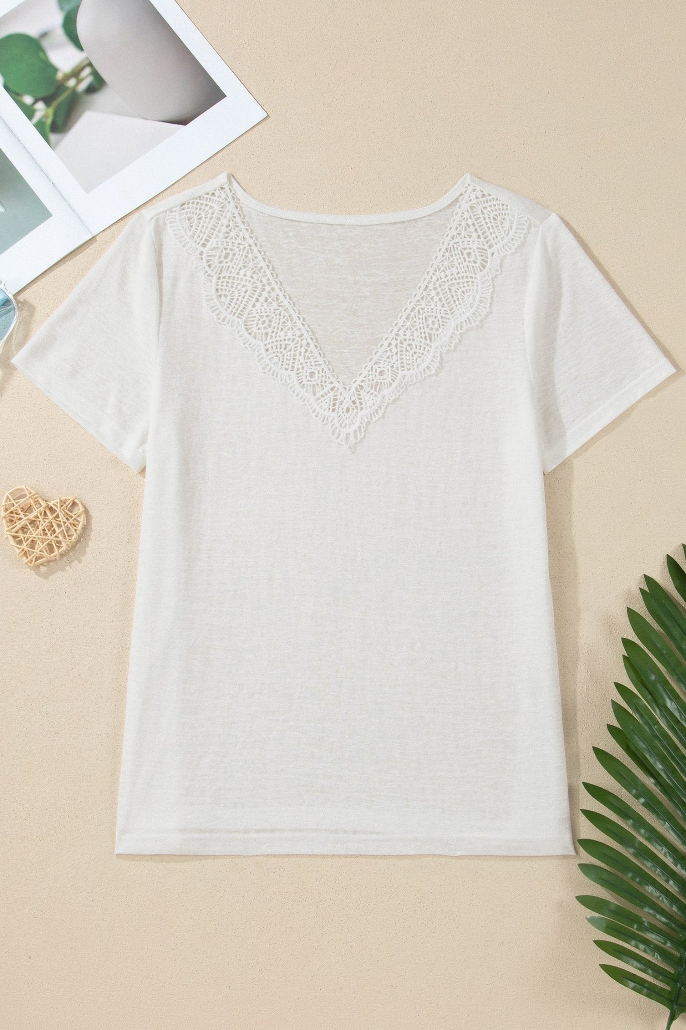 White Hollowed Lace Splicing V Neck T Shirt - Loving It Shop