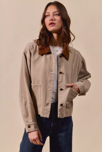 Cotton Twill Cropped Barn Jacket wtih Collar