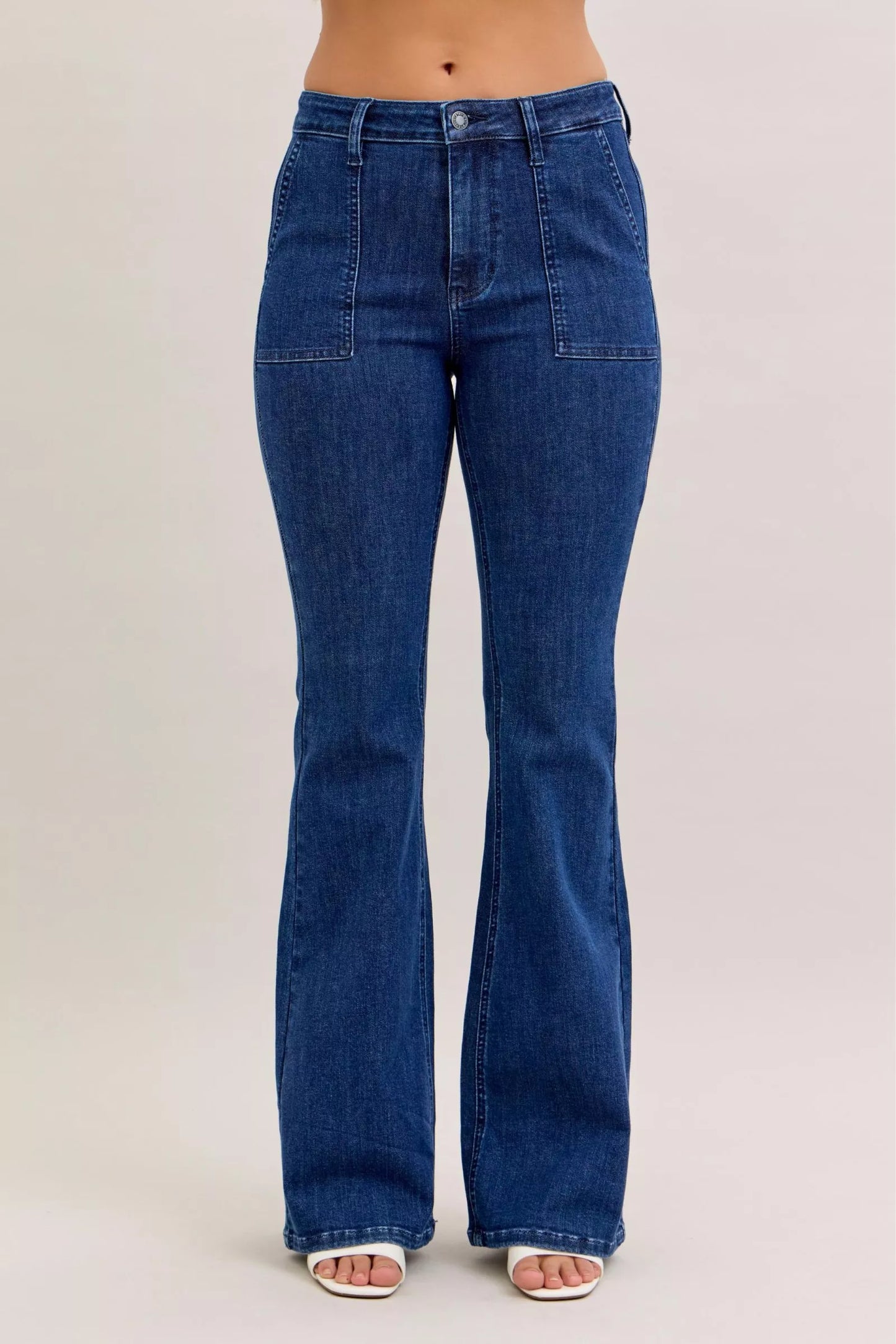 High Waist Flare Jeans with Front Patch Pockets