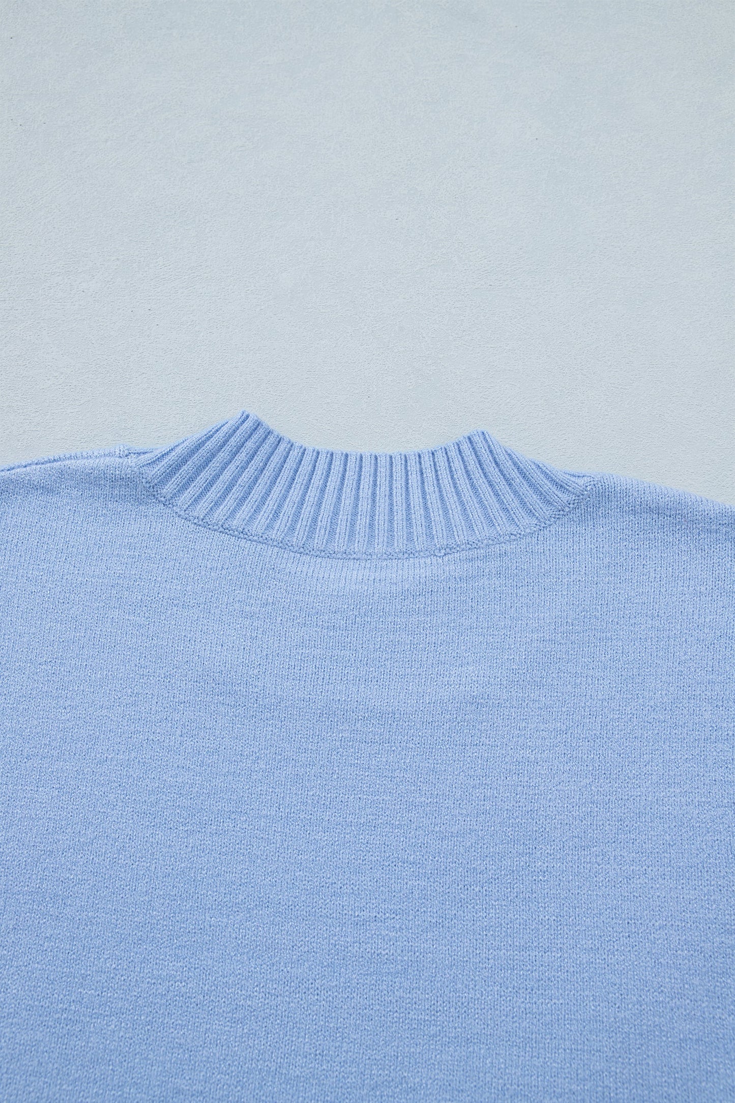 Beau Blue Solid Color Ribbed Trim Round Neck Ruffle Short Sleeve Sweater