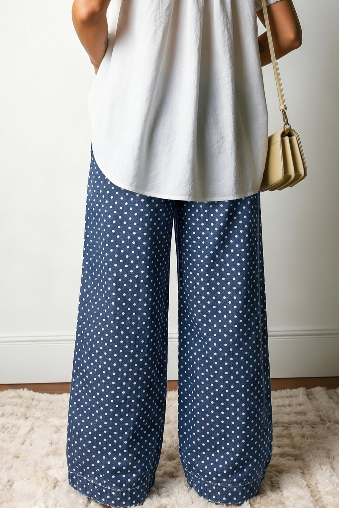 Sky Blue Polka Dot Print Button Pleated Detail Wide Leg Jeans - Loving It Shop