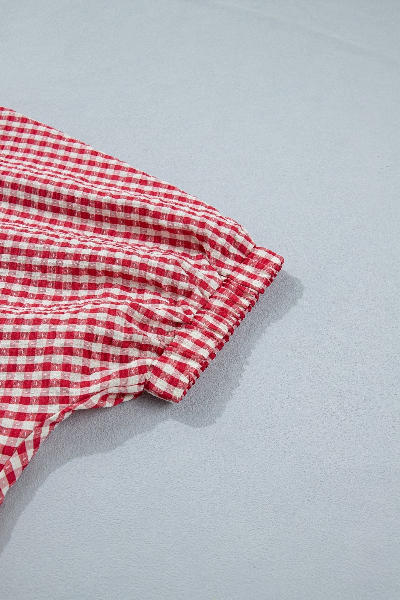 Red Plaid Short Sleeve Colorblock Trim Split Neck Blouse - Loving It Shop