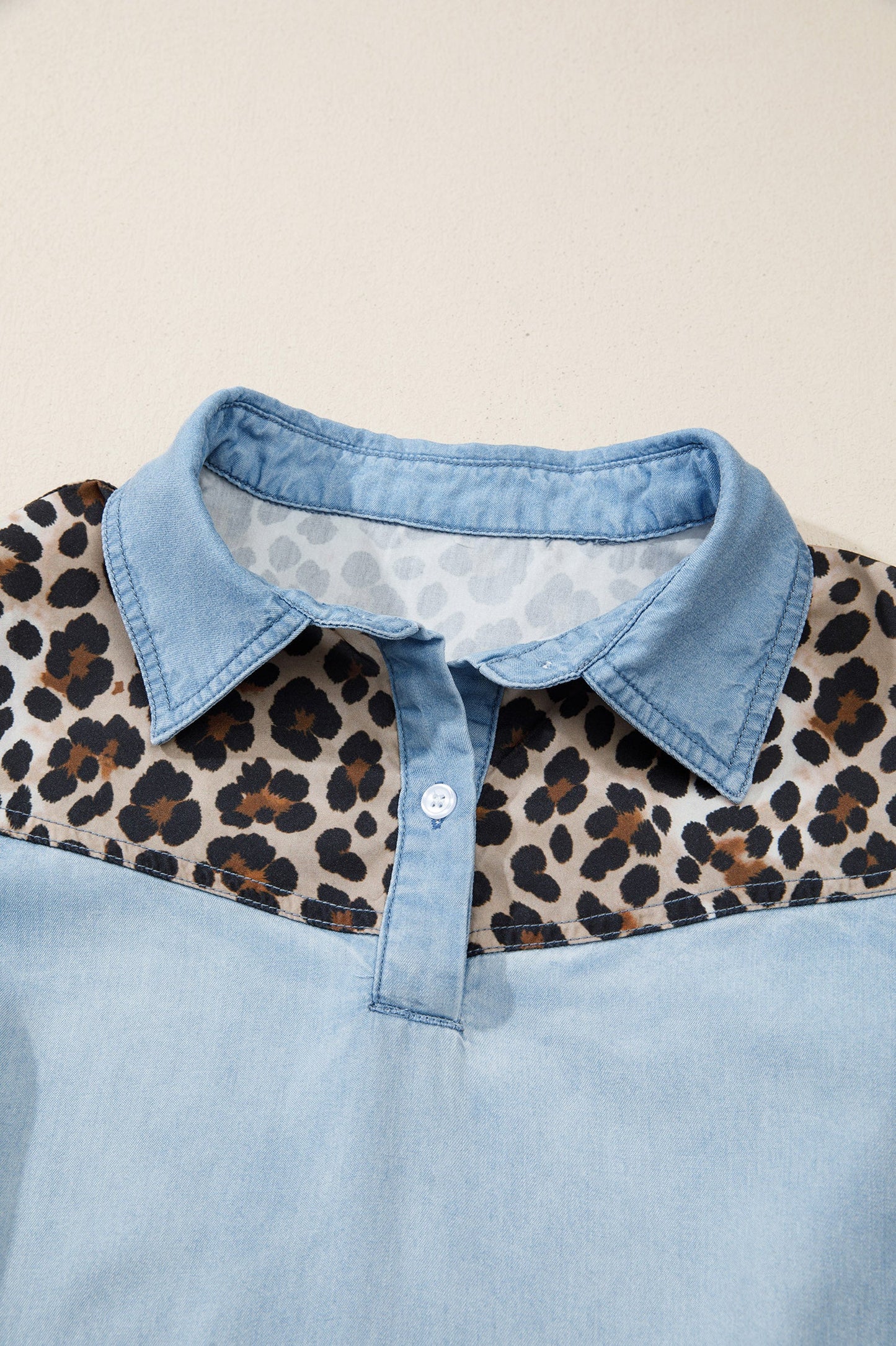 Myosotis Denim Color Block Leopard Patchwork Shirt Collar T Shirt Mini Dress