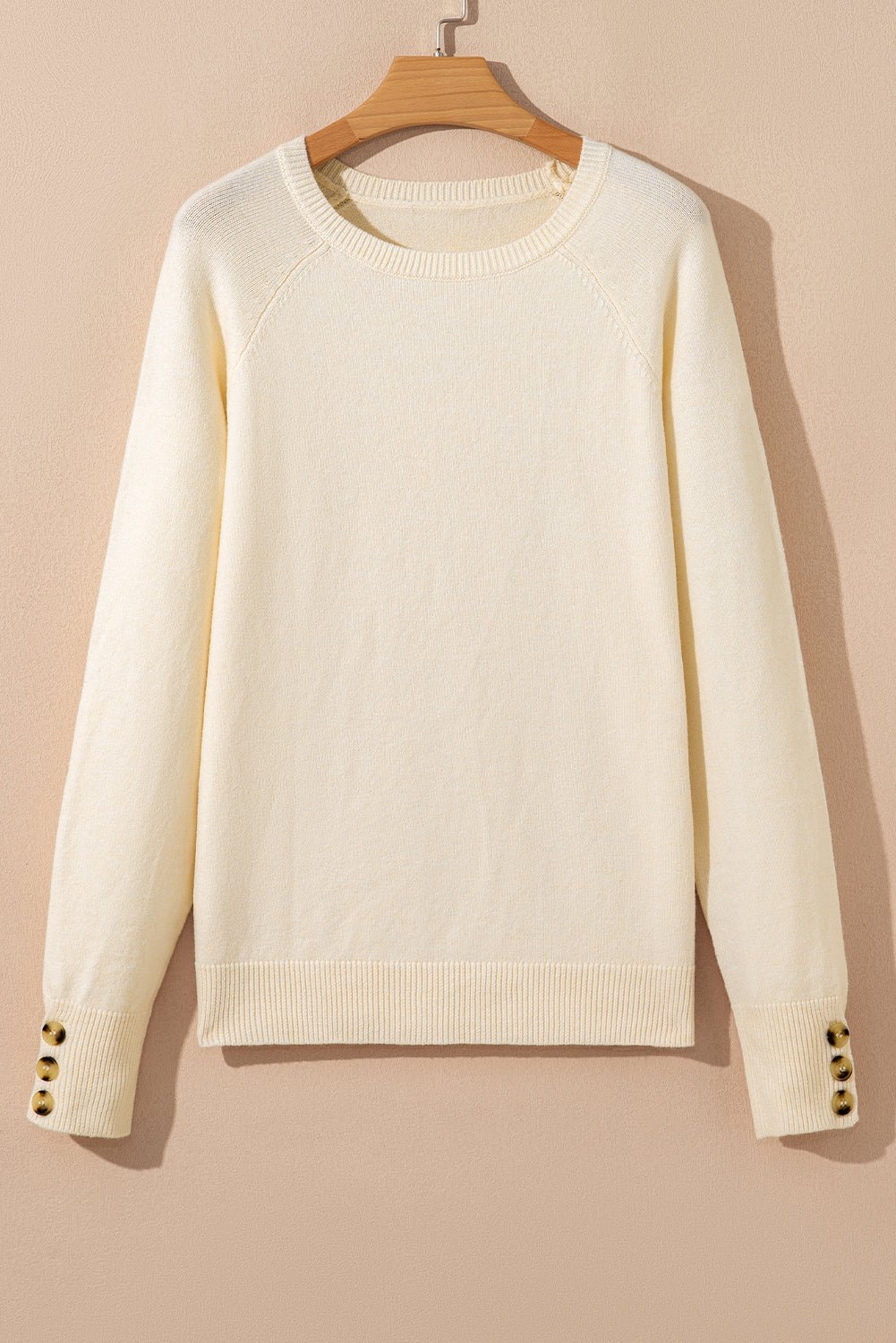White Buttoned Bishop Sleeve Crew Neck Sweater - Loving It Shop