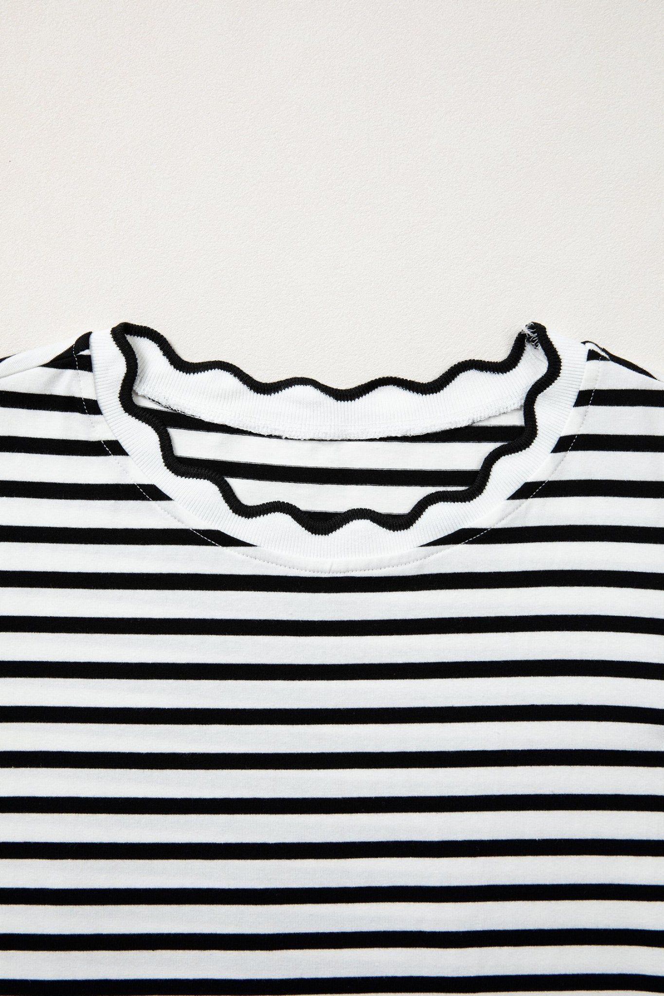Black Stripe Scalloped Trim Round Neck T Shirt - Loving It Shop