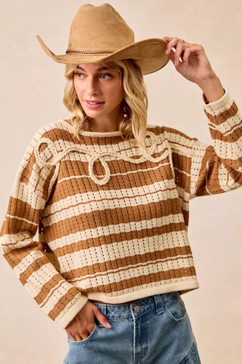 Striped Open Knit Sweater Top with Front Braided Detail
