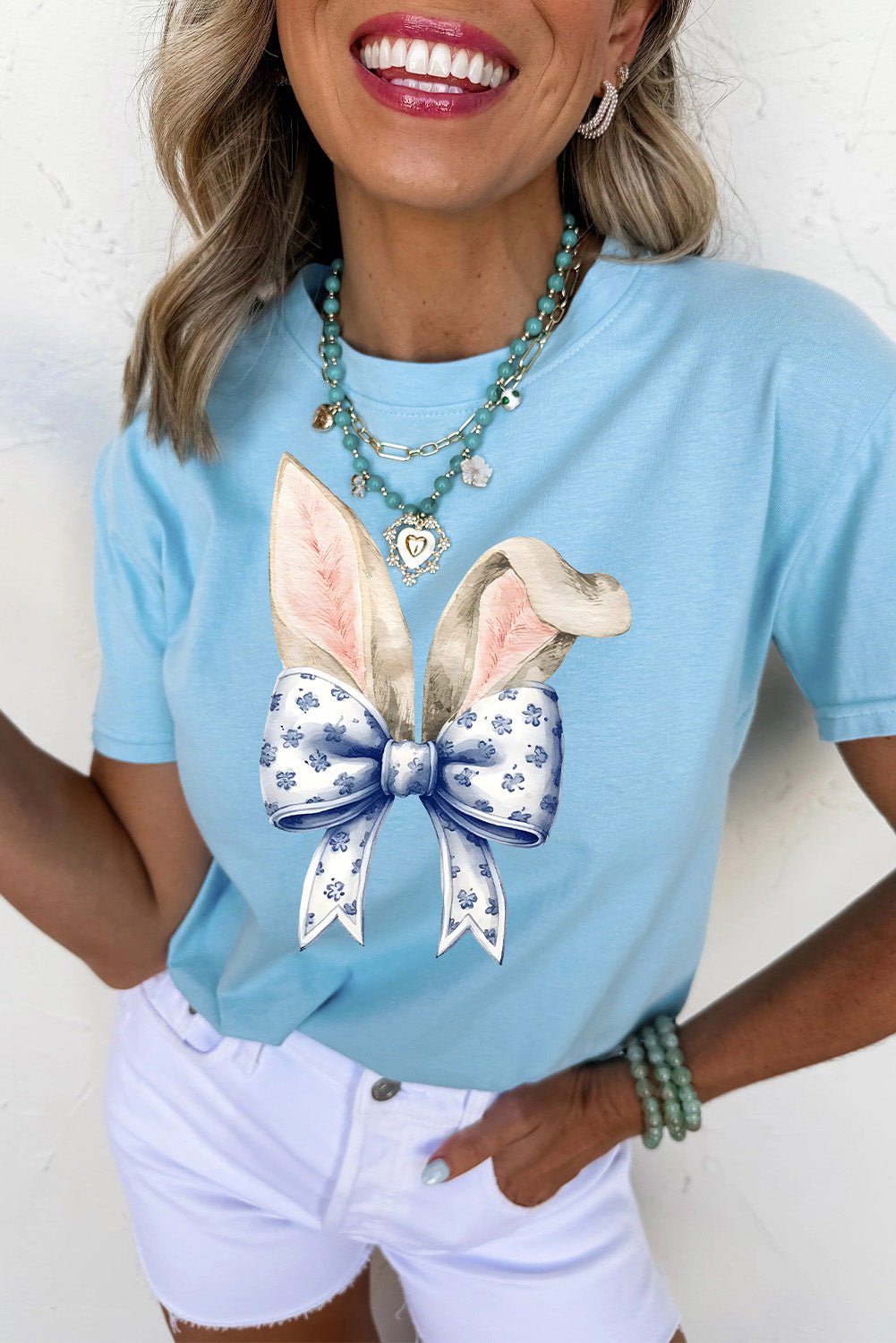 Light Blue Easter Bunny Ears Coquette Bow Graphic Tee - Loving It Shop
