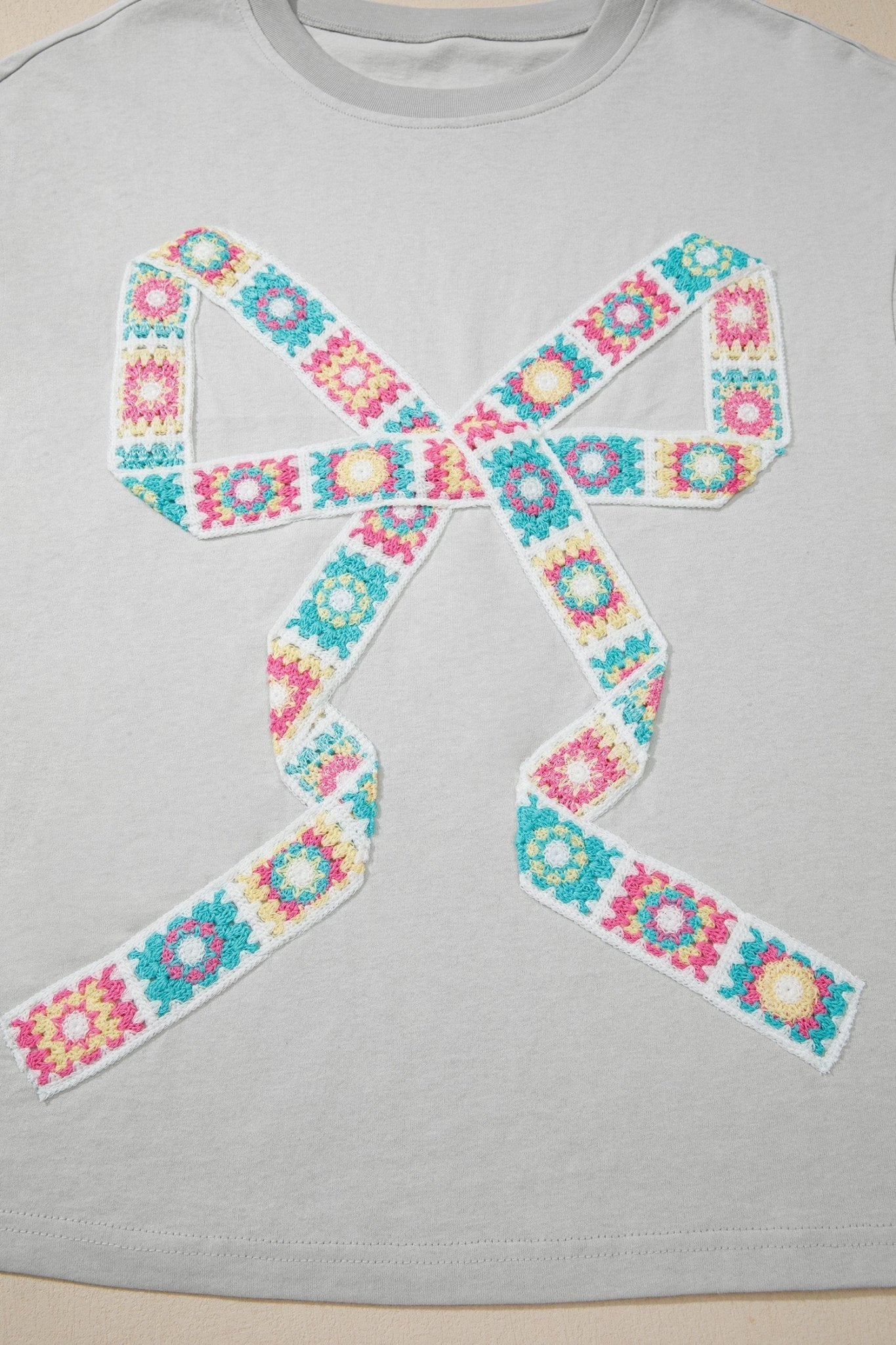 Light Grey Floral Crochet Ribbon Bow Patched Cotton T Shirt - Loving It Shop