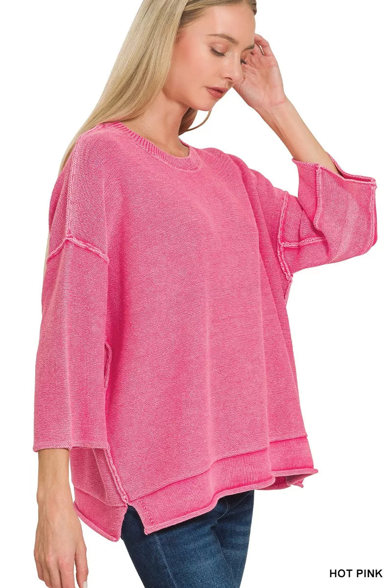 Washed 3/4 Sleeve Boxy Sweater