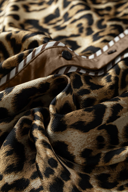 Brown Leopard Collared 3/4 Sleeve Shirt and Loose Pants Two Piece Outfit Set