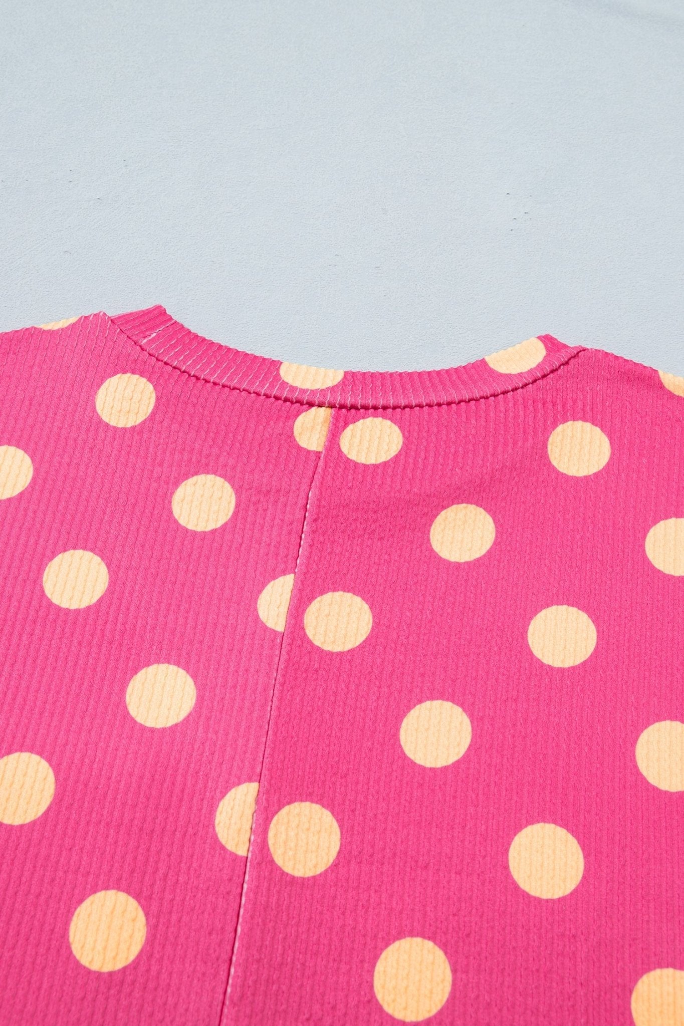 Pink Polka Dot Round Neck Drop Shoulder Patch Pocket Jacquard Texture Top - Loving It Shop