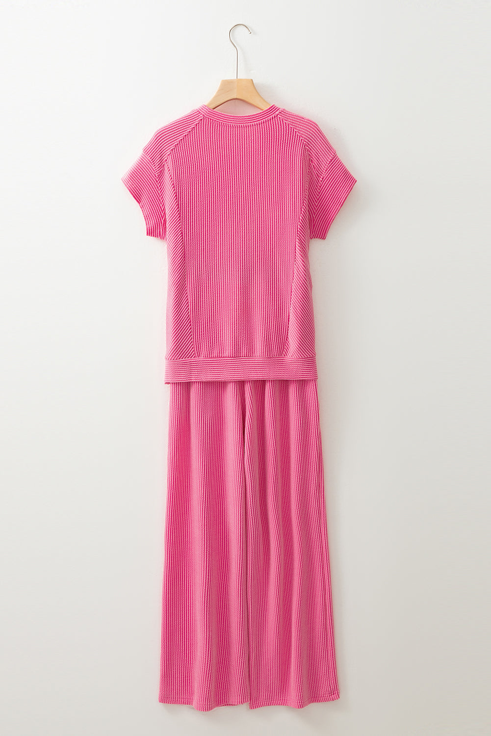Blue Solid Corded Short Sleeve T Shirt and Wide Leg Pants Set