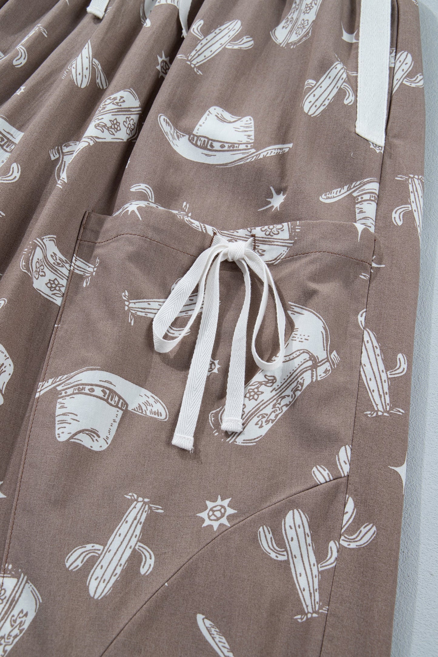 Khaki Western Cactus Cowgirl Hat Boot Printed Vintage Drawstring Jogger Pants