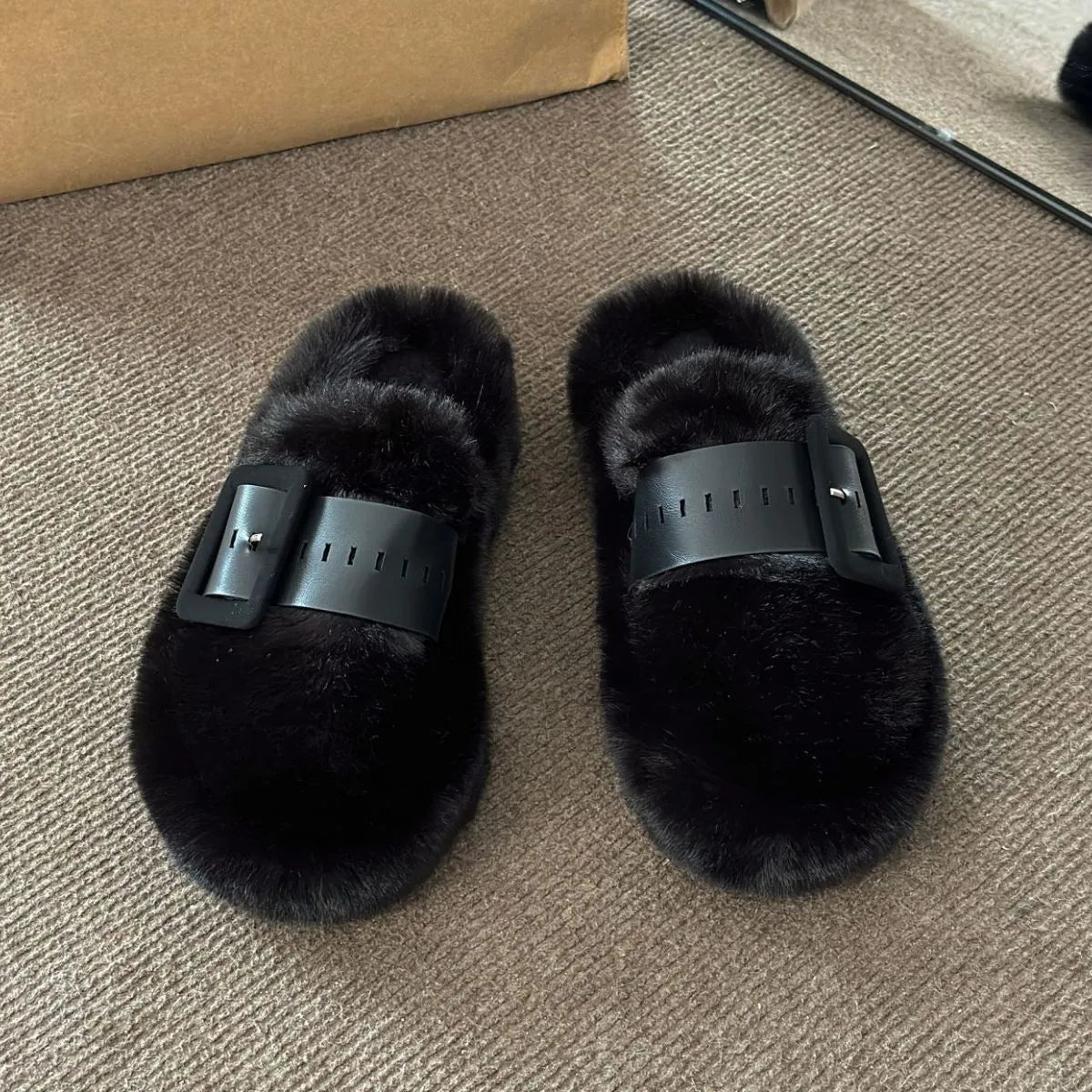 Faux Fur Buckle Slippers - Loving It Shop