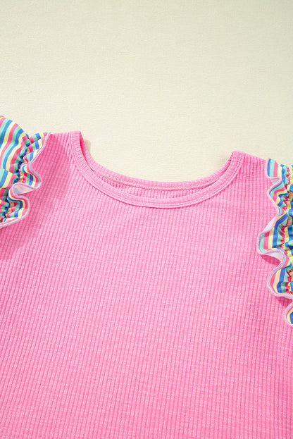 Bonbon Striped Ruffle Flutter Sleeve Ribbed Blouse