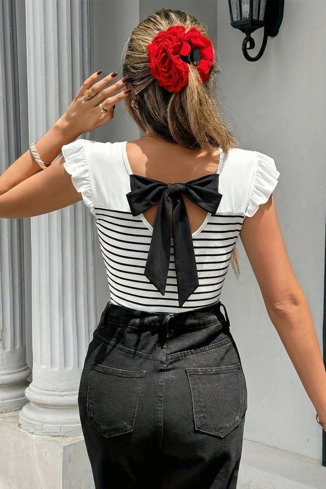 White Stripe Contrast Knot Back Ruffle Trim Tank Top - Loving It Shop