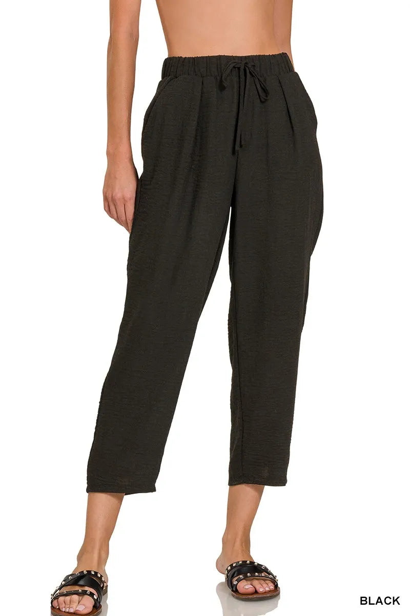 Woven Crepe Elastic Band Waist Pants
