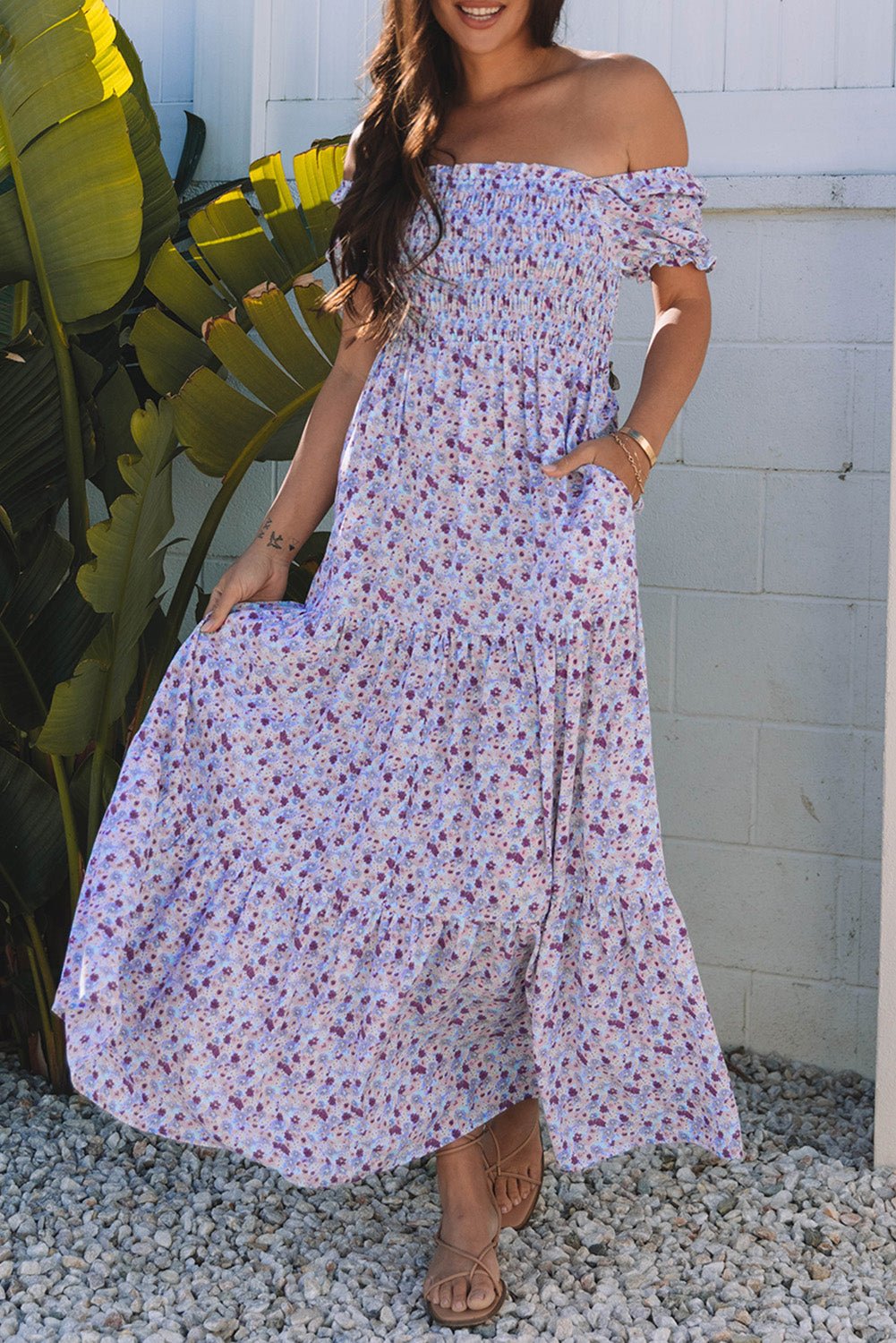 Purple Floral Short Bubble Sleeve Shirred High Waist Maxi Dress - Loving It Shop