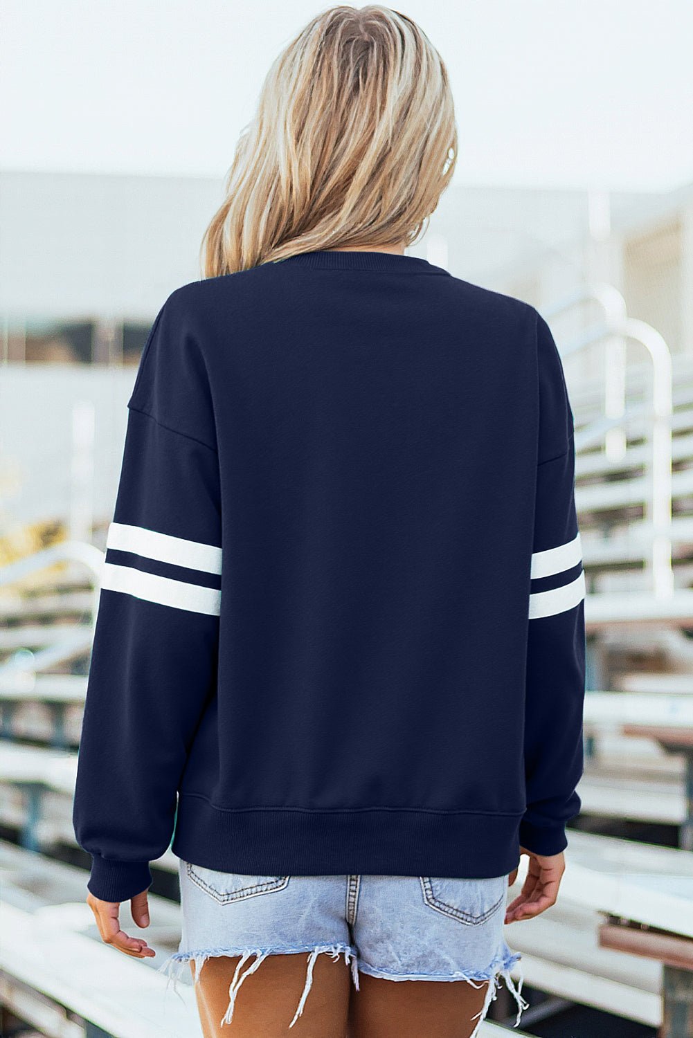 Navy Blue Varsity Striped Detail Drop Shoulder Oversized Sweatshirt - Loving It Shop