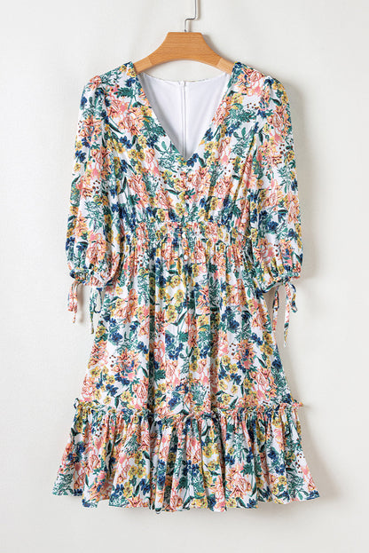 Sky Blue Floral 3/4 Sleeve V Neck High Waist Ruffled Dress