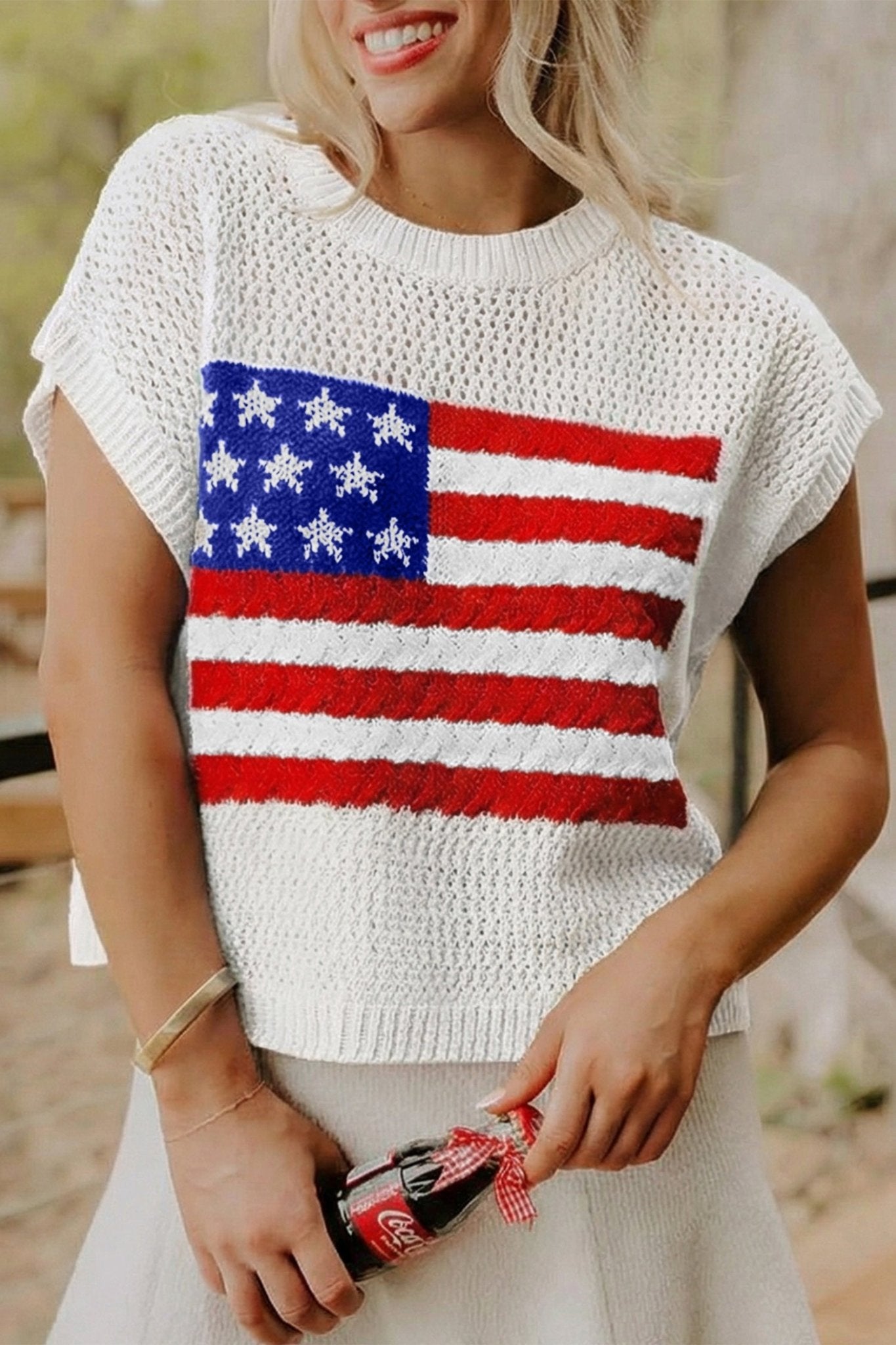 White Flag Graphic Short Sleeve Sweater Top - Loving It Shop