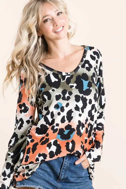 Gradation Leopard Print Soft Knit Deep U Neck Top